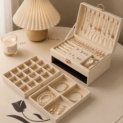 Luxury multi-layer synthetic leather jewelry storage box showing pull-out drawers and lock-style closure