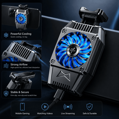 Magnetic phone cooler fan for mobile gaming with blue LED light, showing powerful cooling and secure clip design