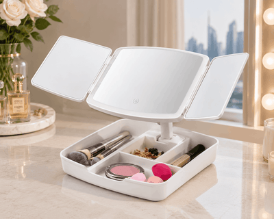Makeup organizer with mirror on a table with decorative items