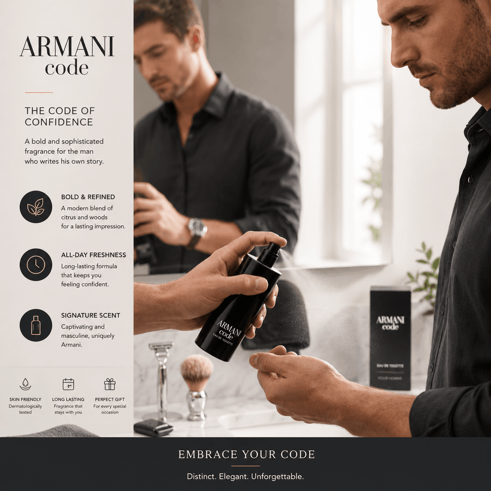 Man holding Armani Code cologne with product packaging and branding visible