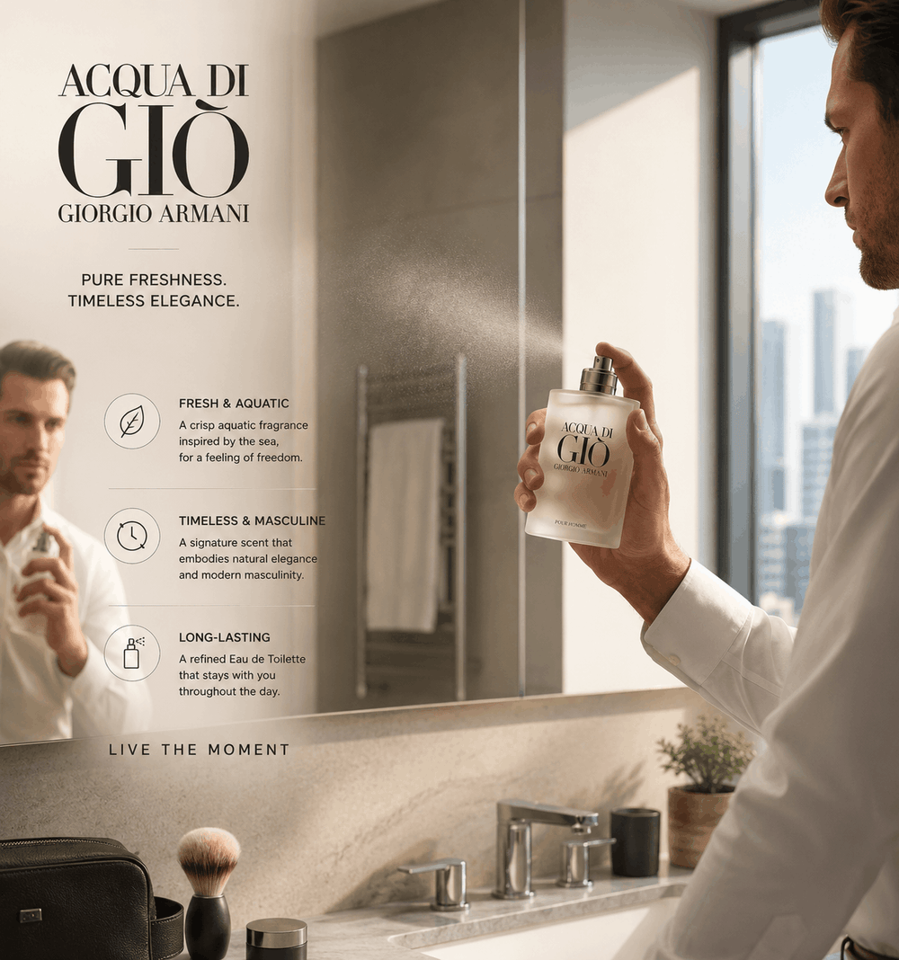 Man holding a bottle of Acqua di Giò by Giorgio Armani in a bathroom setting.