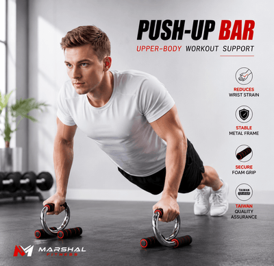 Marshal Fitness silver push-up bar with black and red foam grip handles