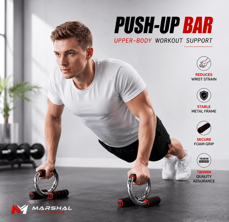 Marshal Fitness silver push-up bar with black and red foam grip handles