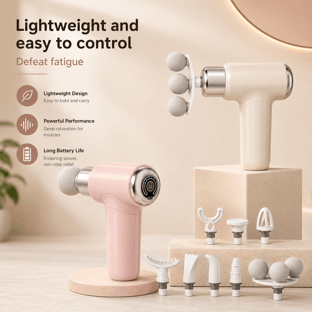 Massage gun with attachments on a beige background, highlighting features like lightweight design and powerful performance.