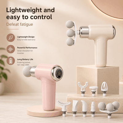 Massage gun with attachments on a beige background, highlighting features like lightweight design and powerful performance.