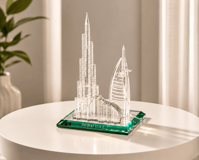 Model of Dubai landmarks on a table with a neutral background