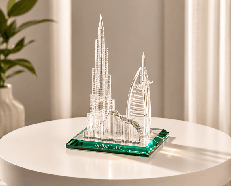 Model of Dubai landmarks on a table with a neutral background