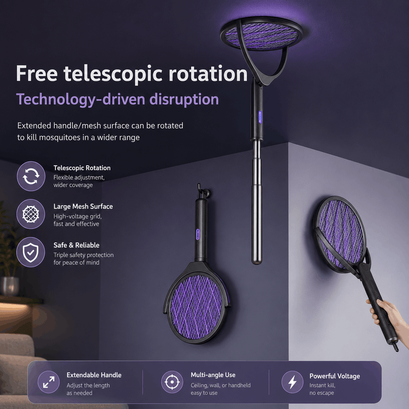 Mosquito racket with telescopic rotation feature on a dark background