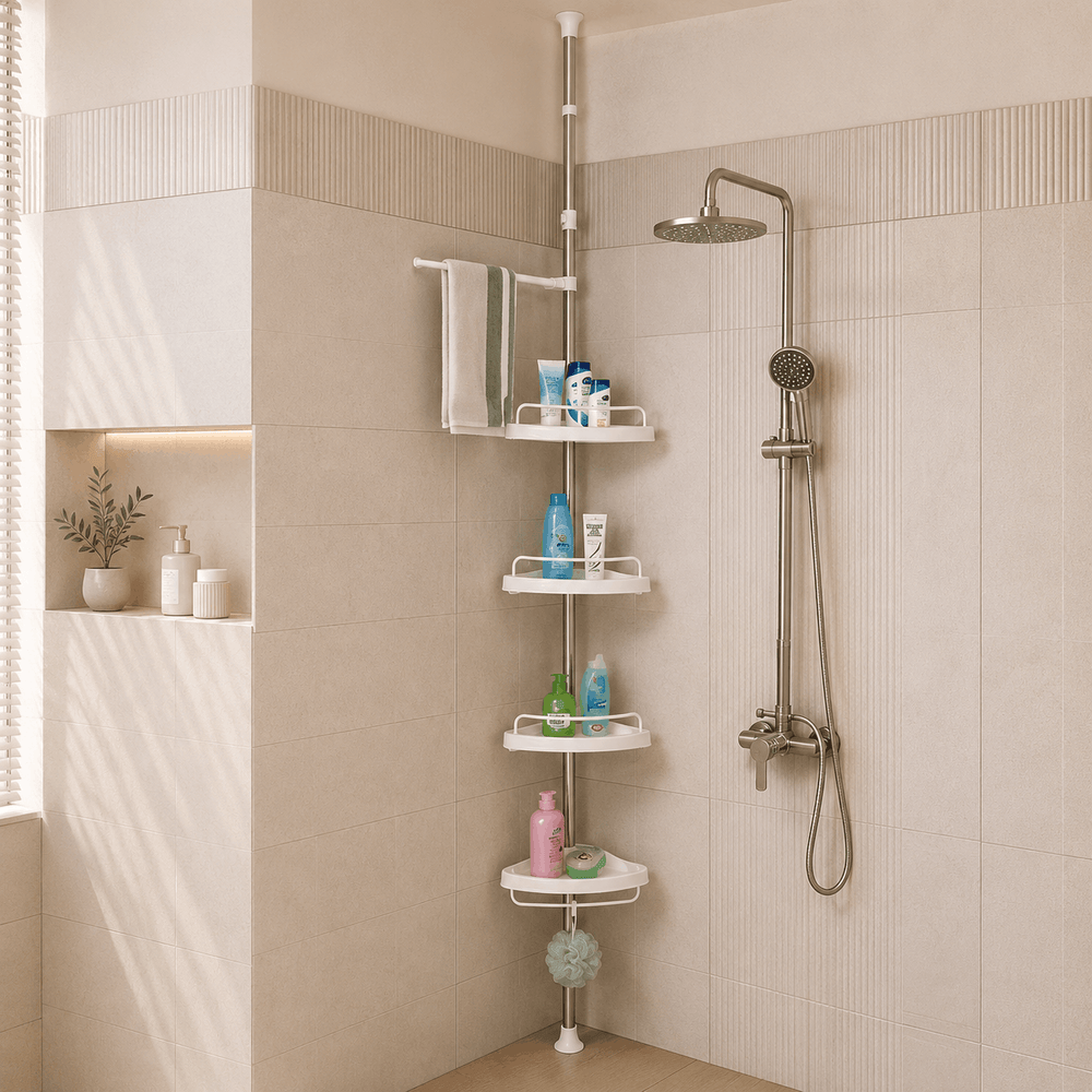Multi-function corner shelf with 4-tier adjustable storage and tension pole for bathroom organization