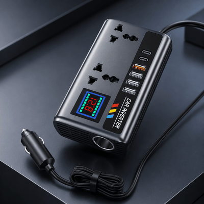 Multi-port car power inverter with dual universal AC sockets, USB ports, and a digital voltage display
