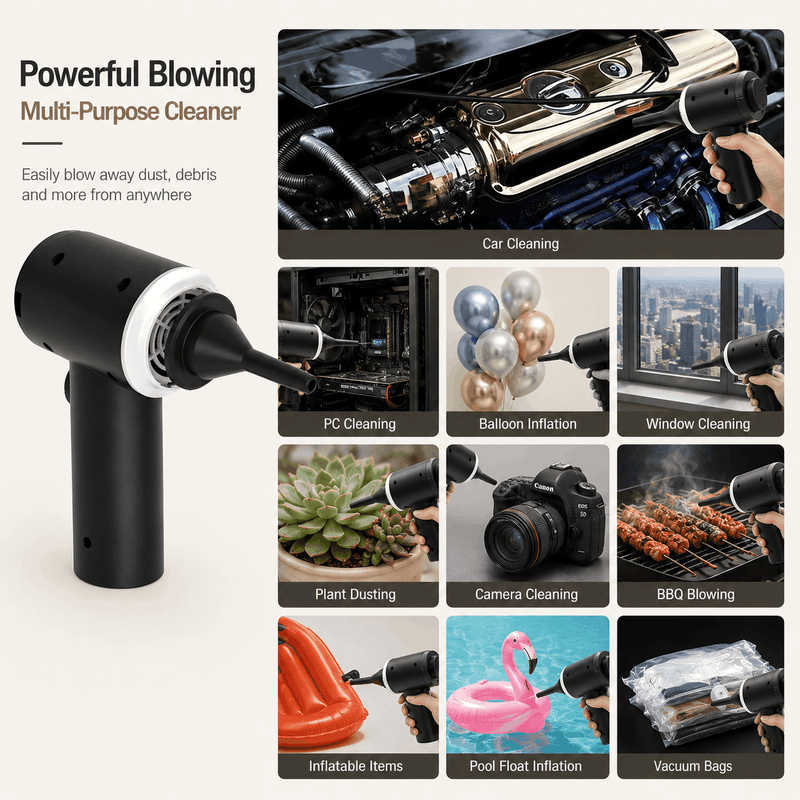 Multi-purpose cleaning tool with various uses including car, PC, balloon, window, plant, camera, BBQ, inflatable items, pool float, and vacuum bag cleaning.