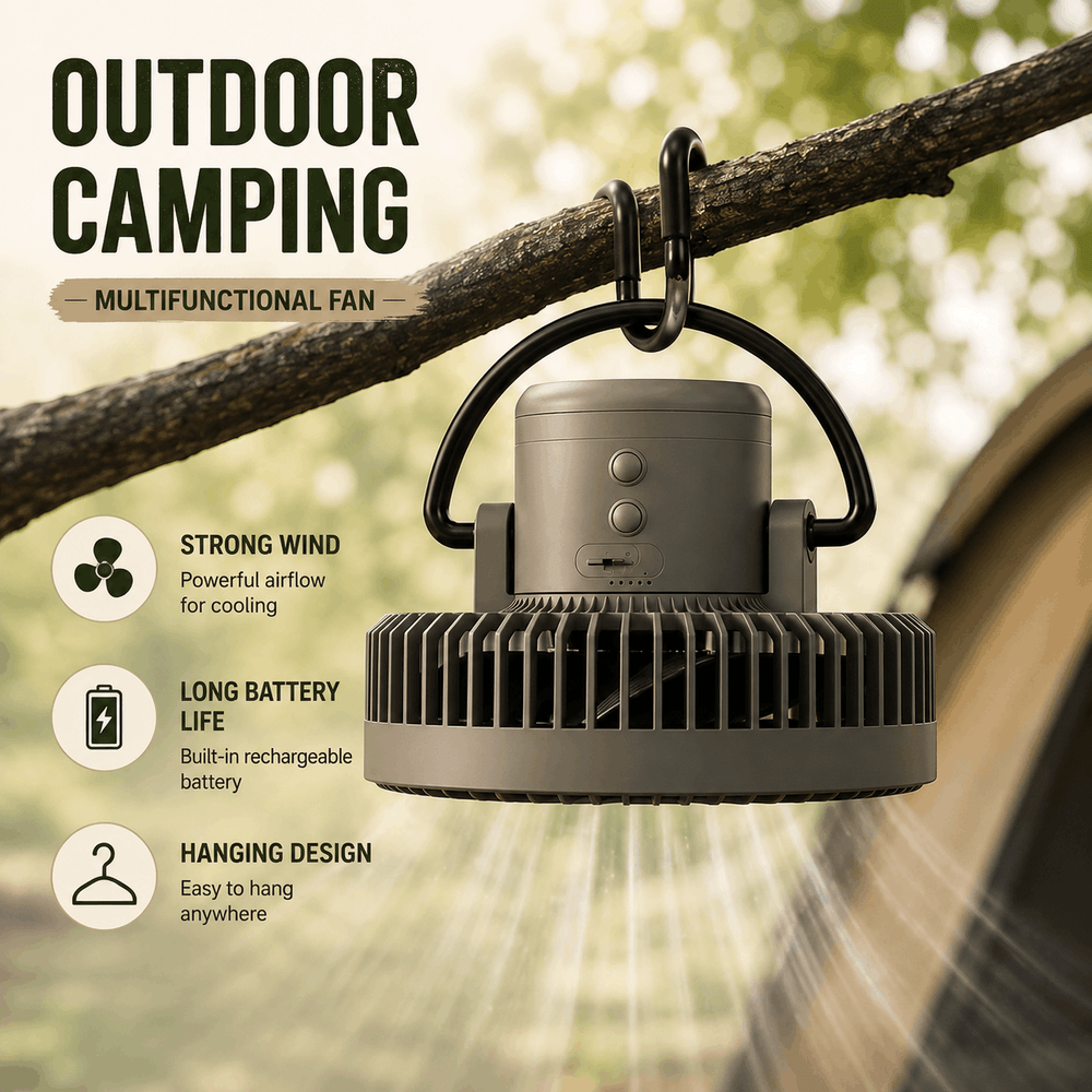 Multifunctional camping fan hanging on a branch with features listed.
