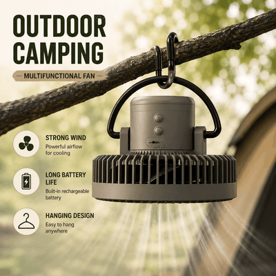 Multifunctional camping fan hanging on a branch with features listed.