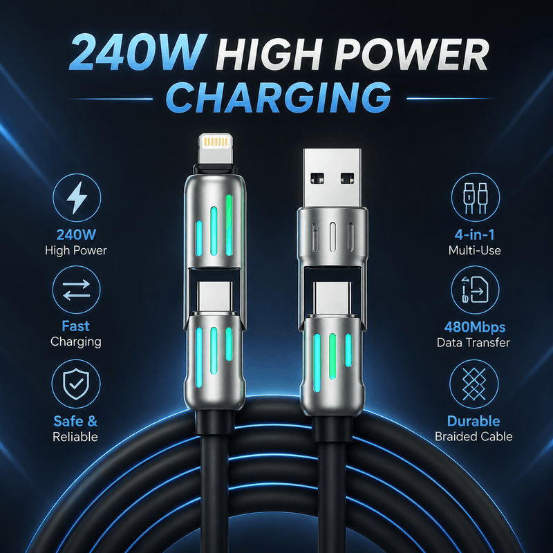 Multifunctional charging cable with 240W high power charging capabilities on a dark background.