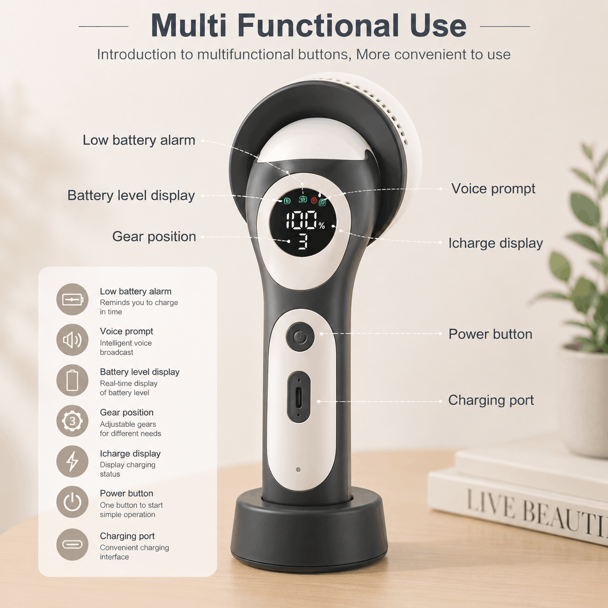 Multifunctional device with digital display on a wooden surface, featuring text labels.