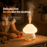 Mushroom-shaped humidifier emitting mist on a wooden table with a child playing in the background.