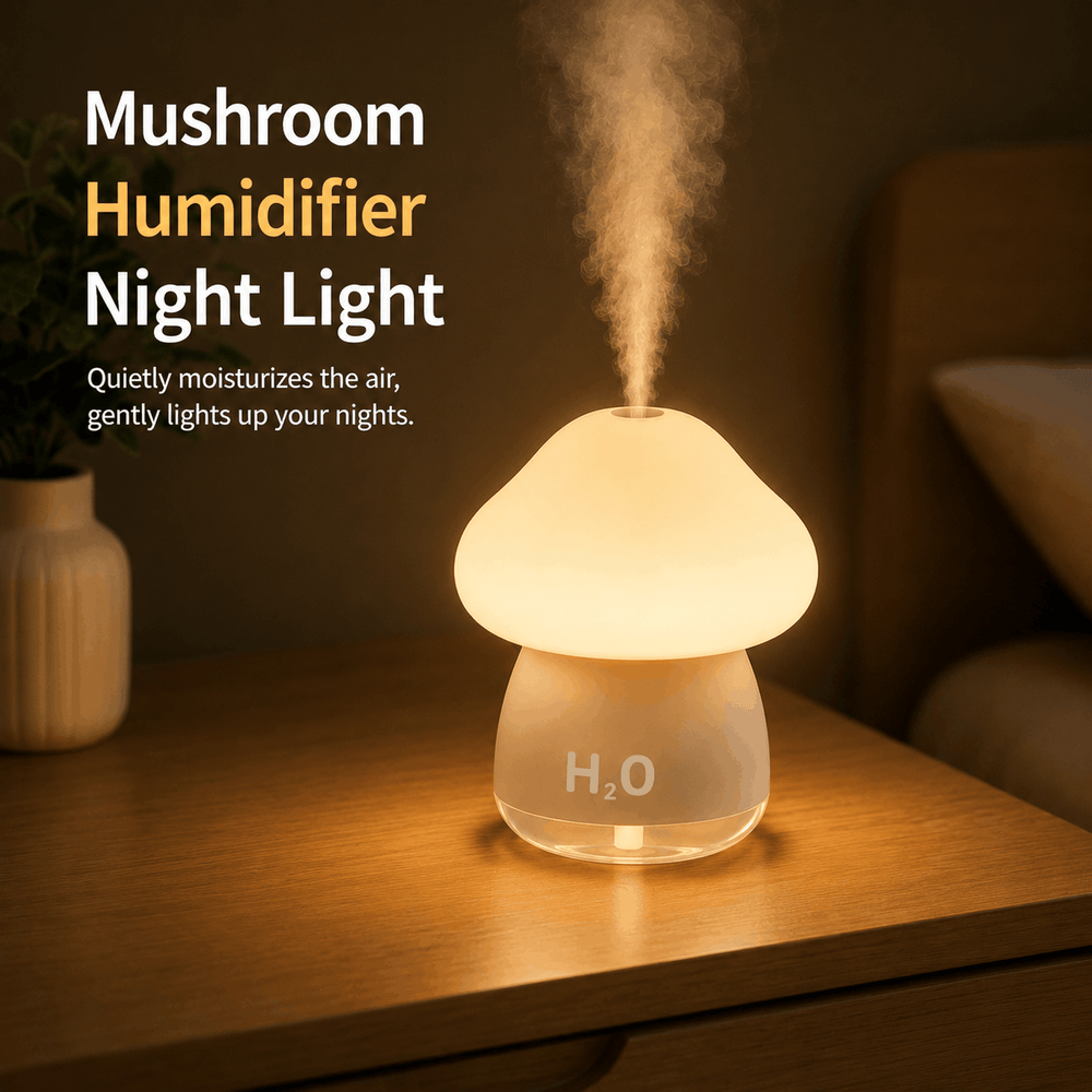 Mushroom-shaped humidifier night light emitting mist on a wooden surface.