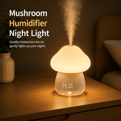 Mushroom-shaped humidifier night light emitting mist on a wooden surface.