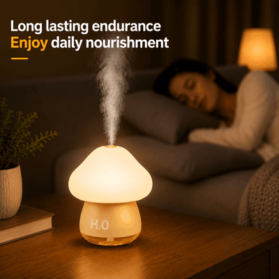 Mushroom-shaped humidifier on a table with a person sleeping in the background