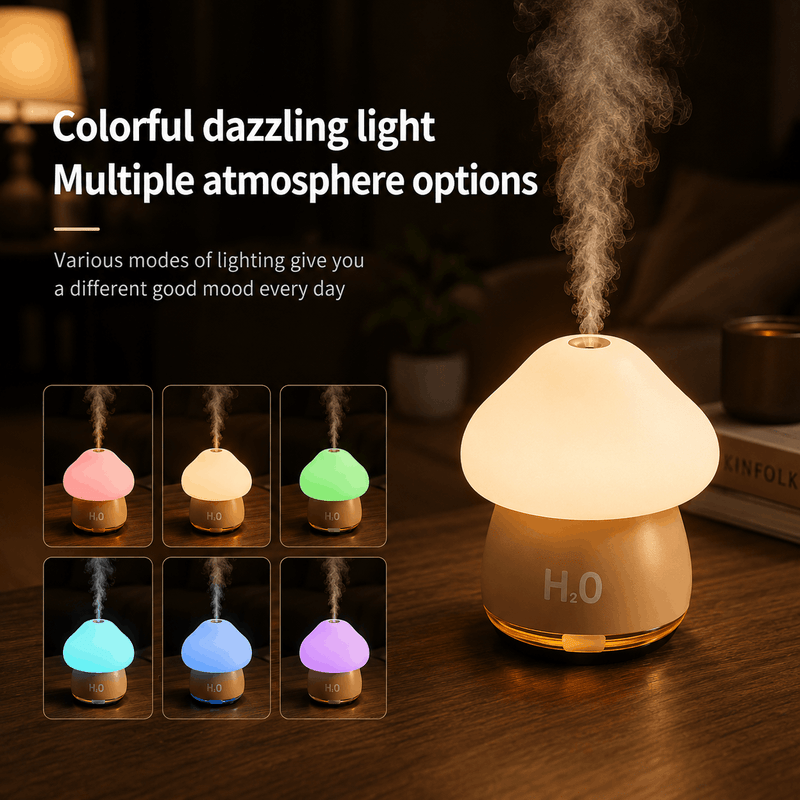 Mushroom-shaped humidifier with colorful lighting options on a wooden surface.