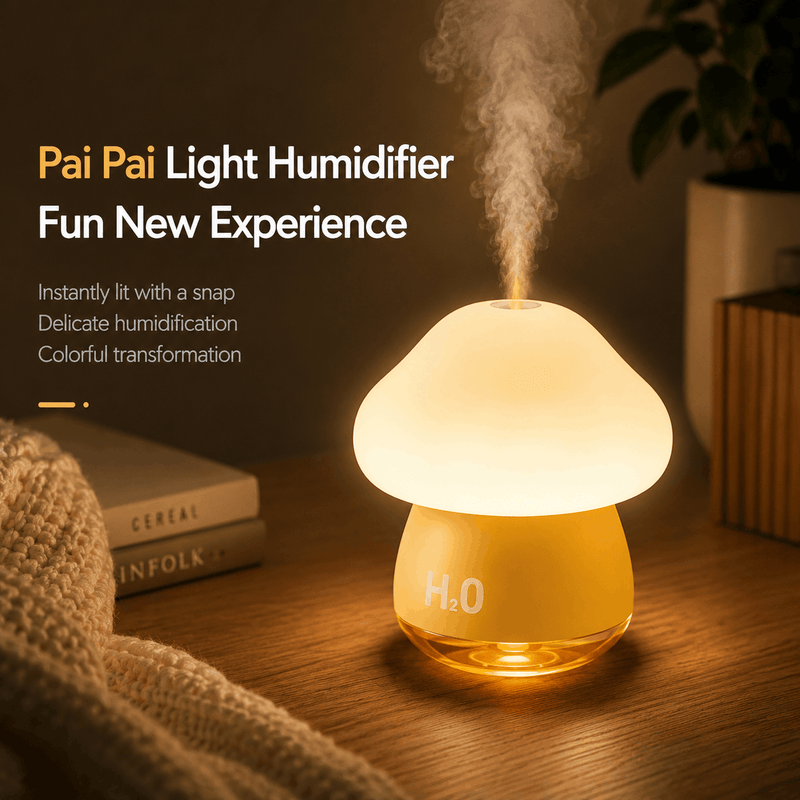 Mushroom-shaped light humidifier emitting steam on a wooden surface with books and a blanket in the background.