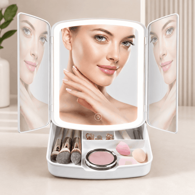 My FoldAway lighted makeup mirror with triple-panel design, dimmable LED lights, and detachable 5X magnifying mirror.