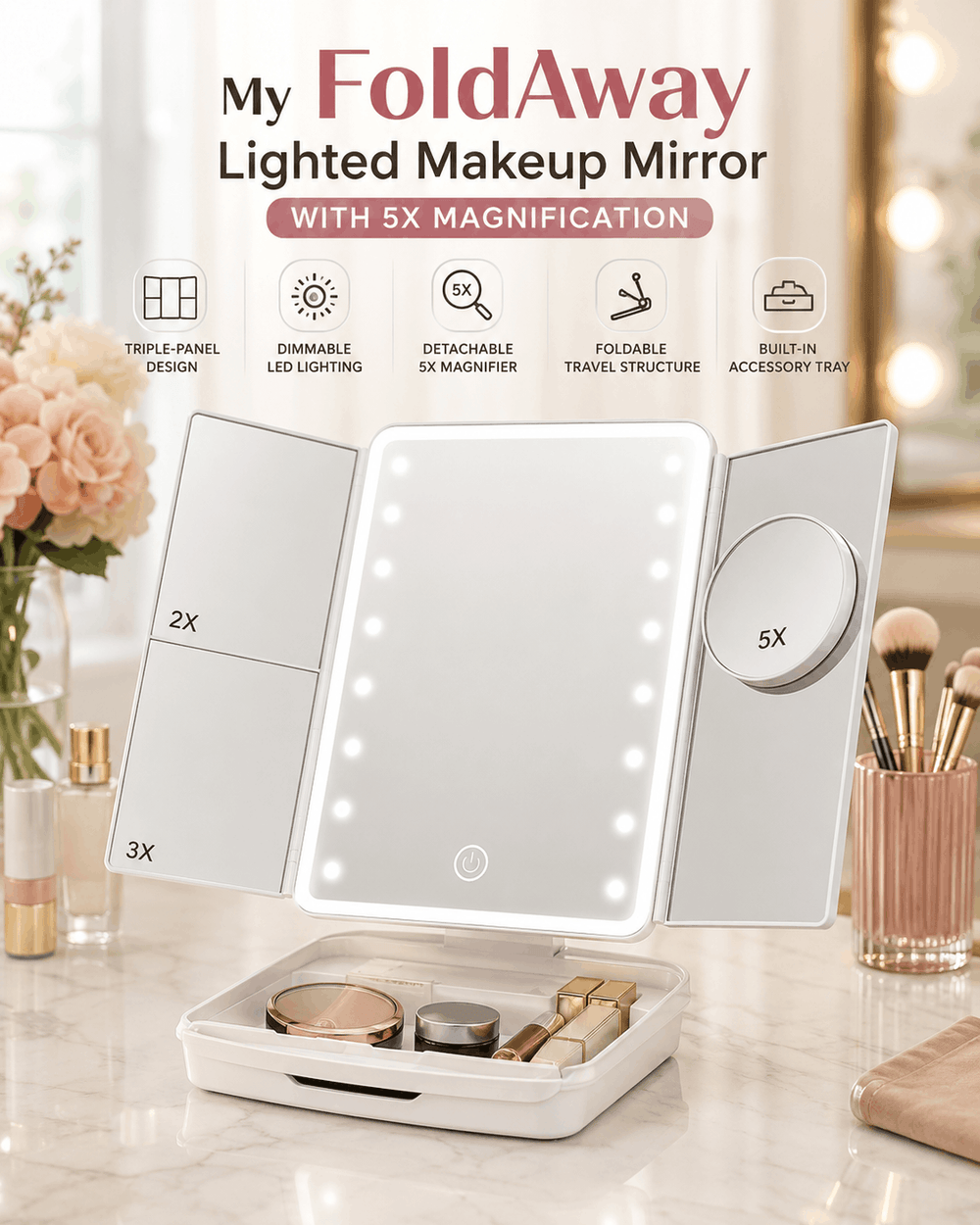 My FoldAway trifold lighted makeup mirror with 5x magnification, dimmable LED lights, and built-in accessory tray