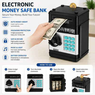Number Bank Coin and Bill Safe with electronic keypad and automatic paper money insertion slot