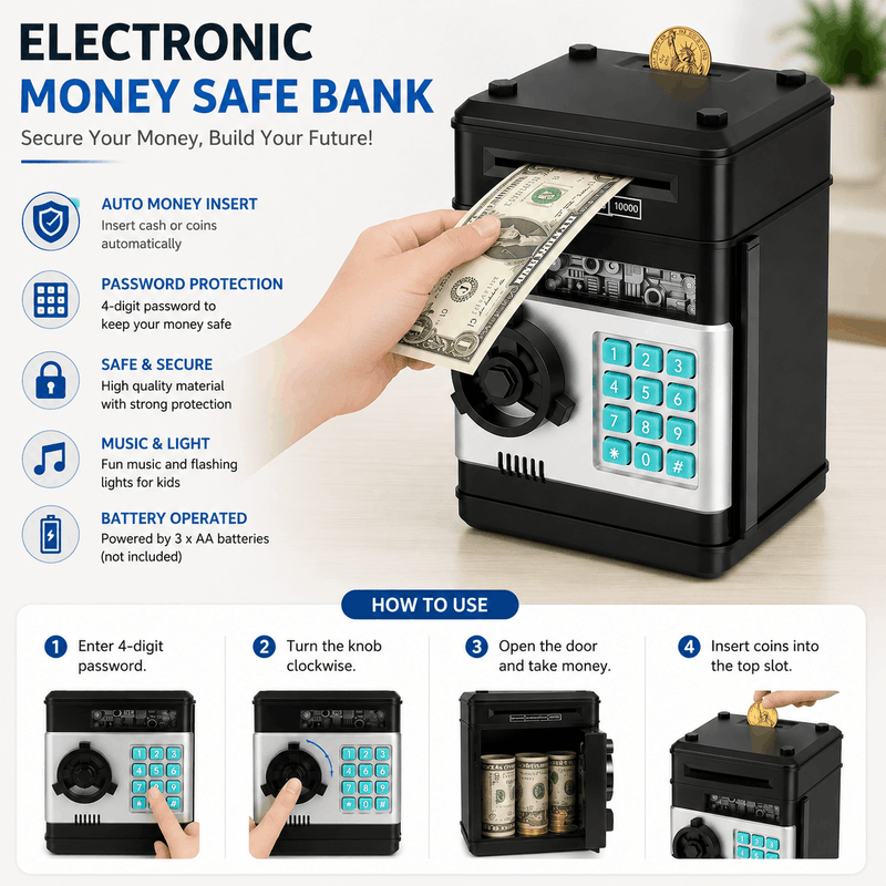 Number Bank Coin and Bill Safe with electronic keypad and automatic paper money insertion slot