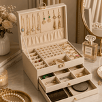 Open jewelry box with various jewelry items on a decorative table.