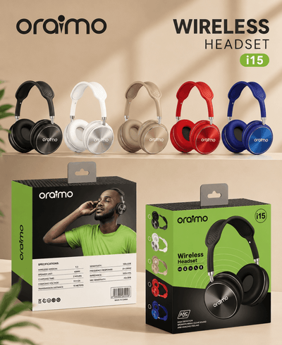 Oraimo wireless headset collection with packaging on a beige background