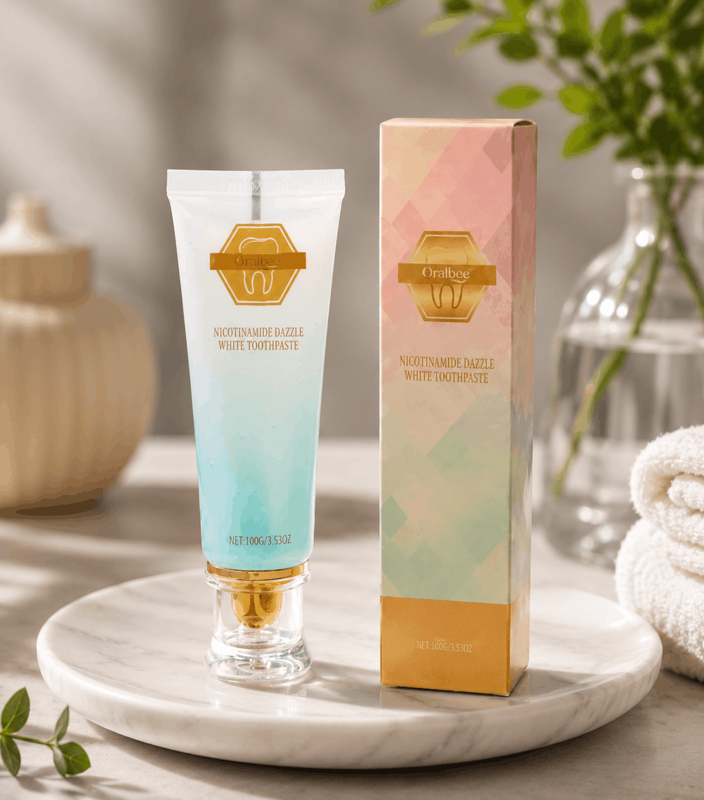 Oralhoe Nicotinamide Dazzle White Toothpaste 100g tube and premium pastel packaging box