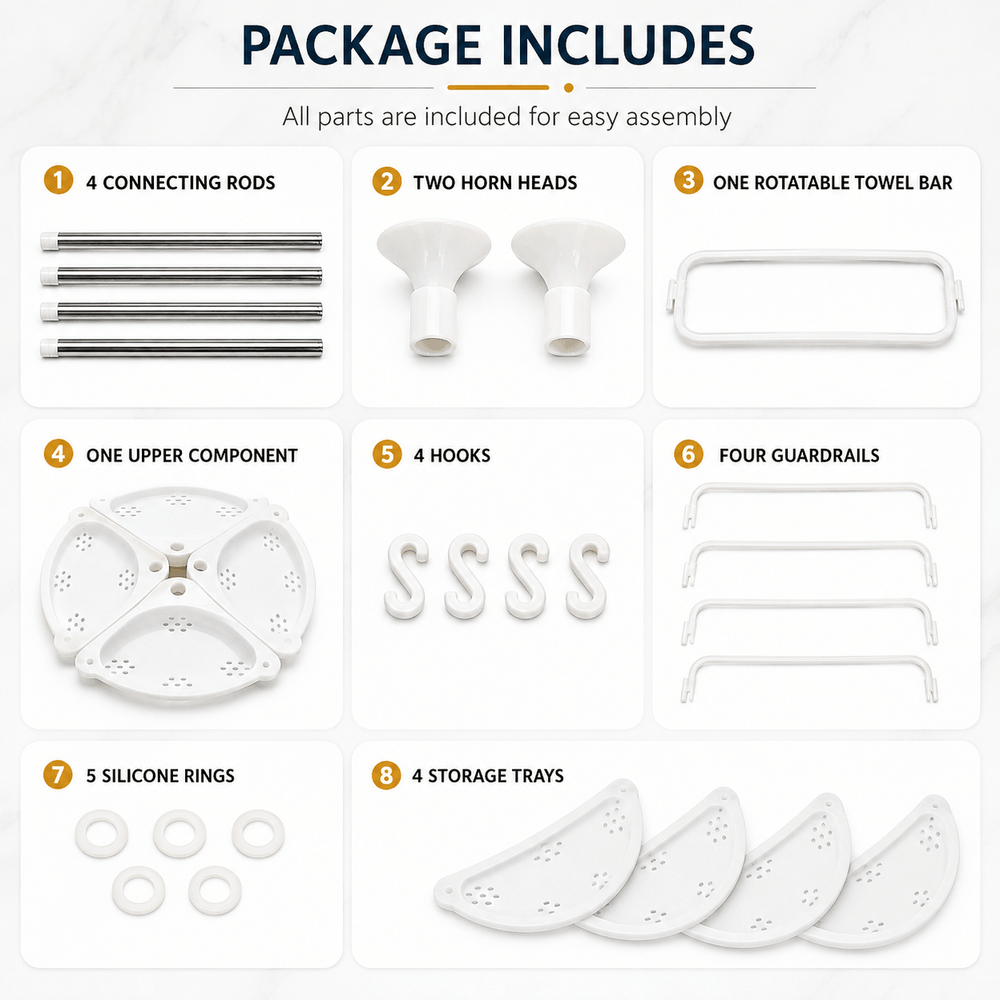 Package includes checklist showing all parts for assembly: 4 connecting rods, 2 horn heads, 1 rotatable towel bar, 1 upper component, 4 hooks, 4 guardrails, 5 silicone rings, and 4 storage trays, arranged on a light background under the heading 'PACKAGE INCLUDES'.
