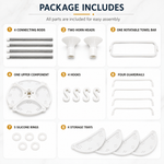 Package includes checklist showing all parts for assembly: 4 connecting rods, 2 horn heads, 1 rotatable towel bar, 1 upper component, 4 hooks, 4 guardrails, 5 silicone rings, and 4 storage trays, arranged on a light background under the heading 'PACKAGE INCLUDES'. - thumbnail 6