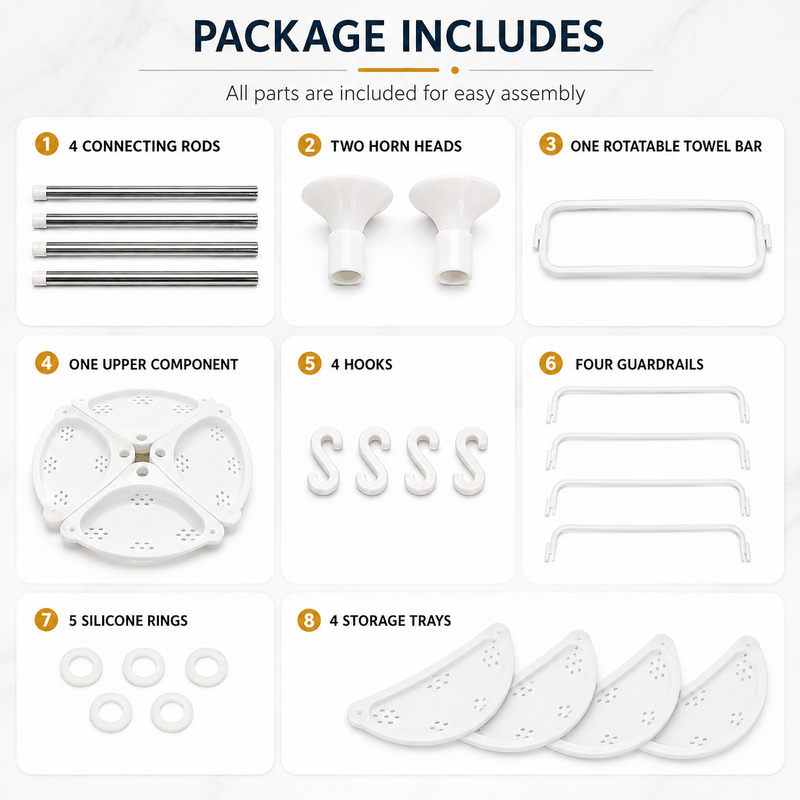 Package includes checklist showing all parts for assembly: 4 connecting rods, 2 horn heads, 1 rotatable towel bar, 1 upper component, 4 hooks, 4 guardrails, 5 silicone rings, and 4 storage trays, arranged on a light background under the heading 'PACKAGE INCLUDES'. - Image 6 of 7