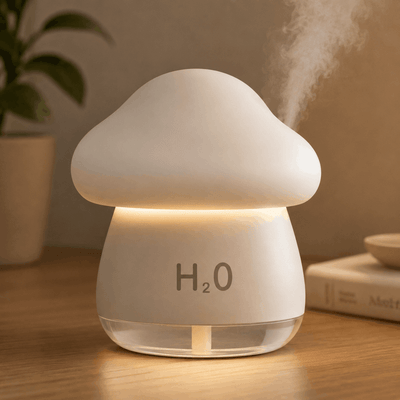 Paipai lamp humidifier with a cute mushroom-inspired design and soft warm ambient lighting on a desktop