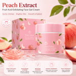 Peach Extract Fruit Acid Exfoliating Face Gel Cream with packaging, apples, and peaches on a light background.