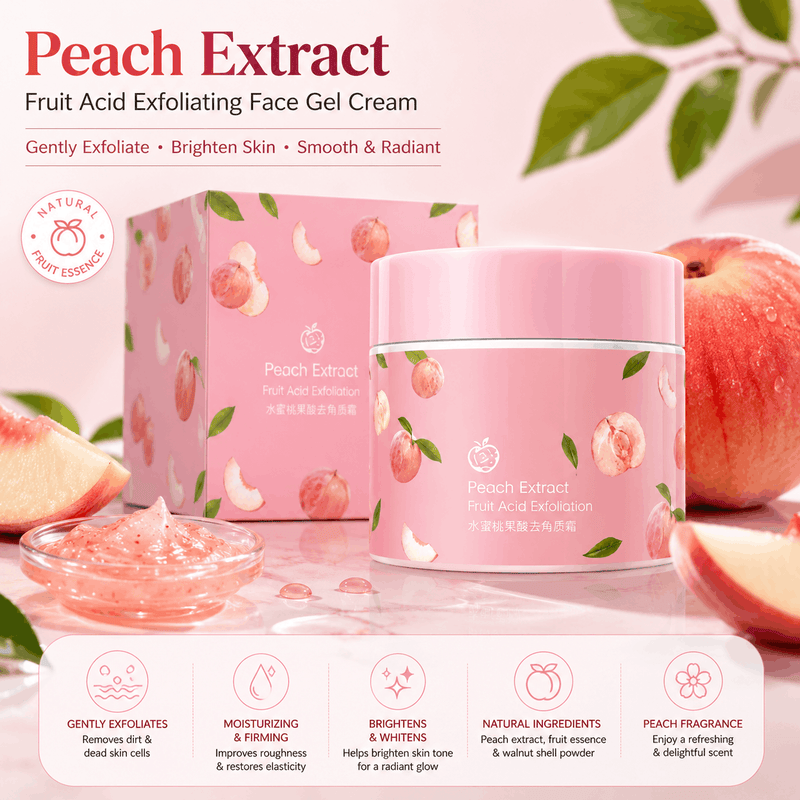 Peach Extract Fruit Acid Exfoliating Face Gel Cream with packaging, apples, and peaches on a light background.