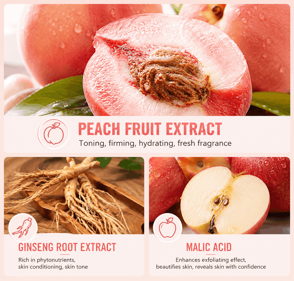 Peach fruit extract with ginseng root and malic acid, highlighting their benefits.