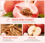 Peach fruit extract with ginseng root and malic acid, highlighting their benefits.