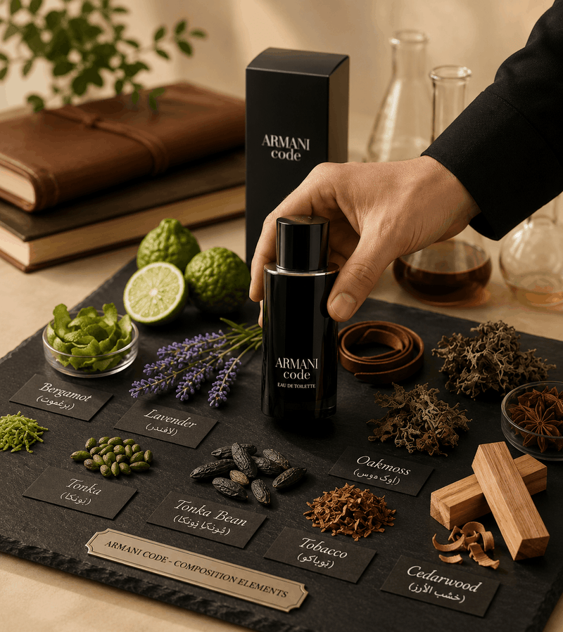 Person holding Armani Code perfume bottle on a display with essential oils and ingredients