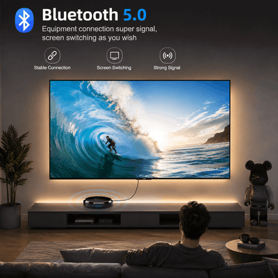 Person watching a large TV screen displaying a surfer in the ocean, with Bluetooth 5.0 features highlighted.