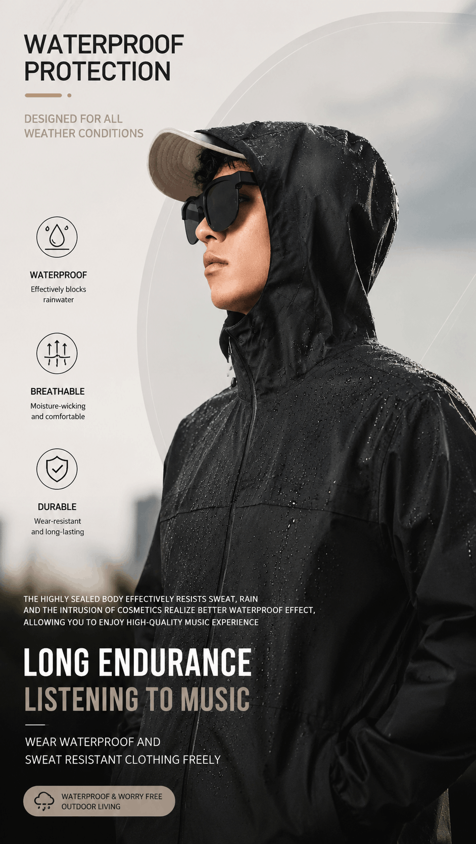 Person wearing a black raincoat with waterproof protection features highlighted on the left side.