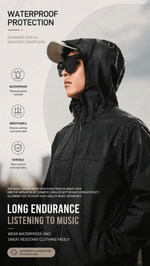 Person wearing a black raincoat with waterproof protection features highlighted on the left side.