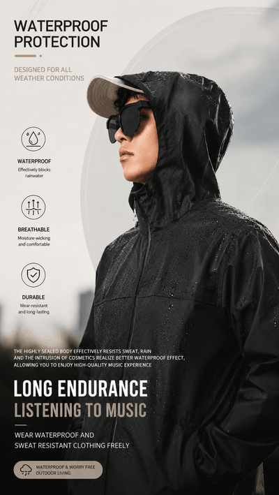Person wearing a black raincoat with waterproof protection features highlighted on the left side.