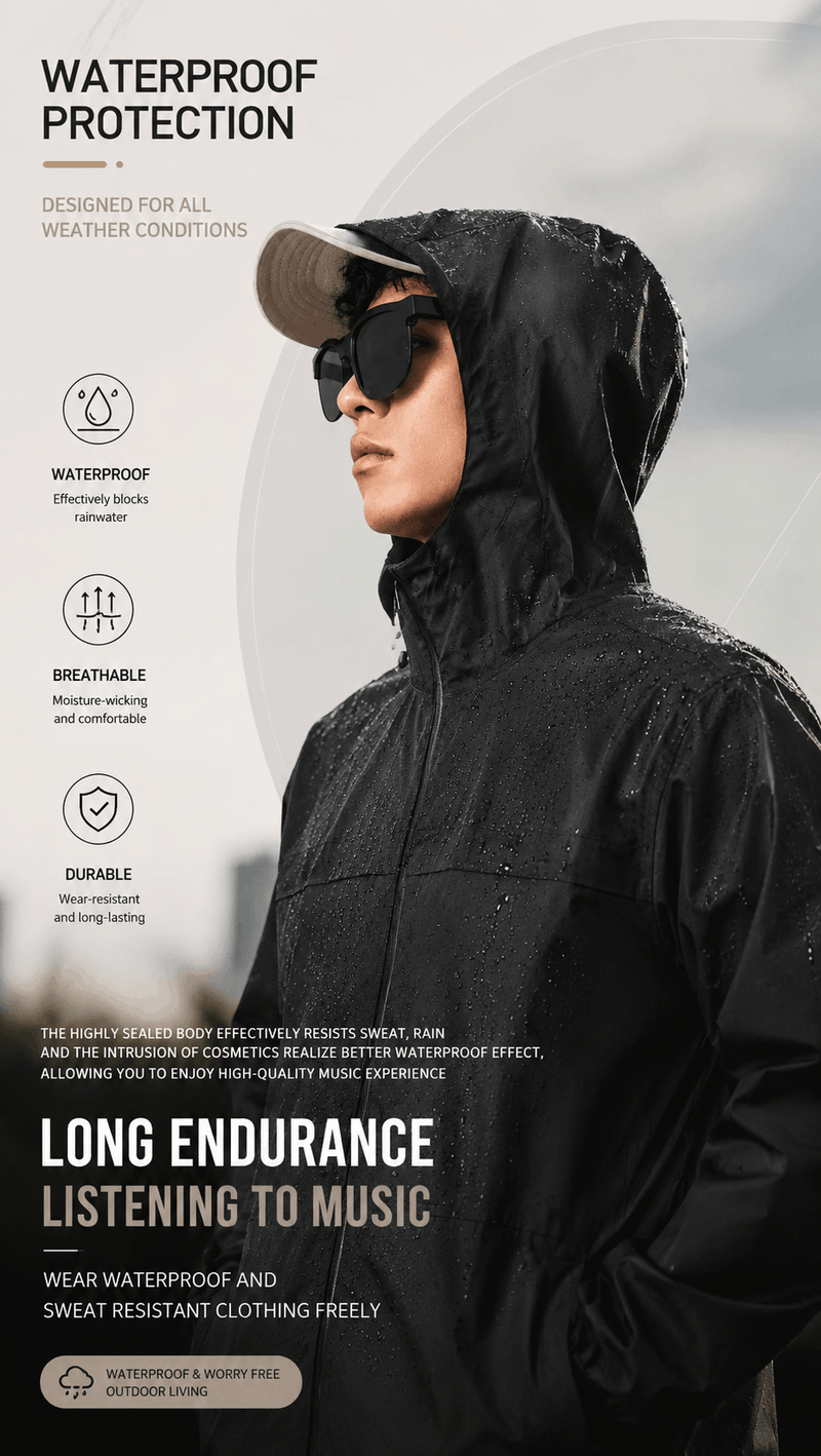 Person wearing a black raincoat with waterproof protection features highlighted on the left side.