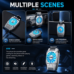 Phone fan with blue cooling fans in various scenes for phone use