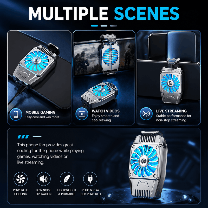 Phone fan with blue cooling fans in various scenes for phone use