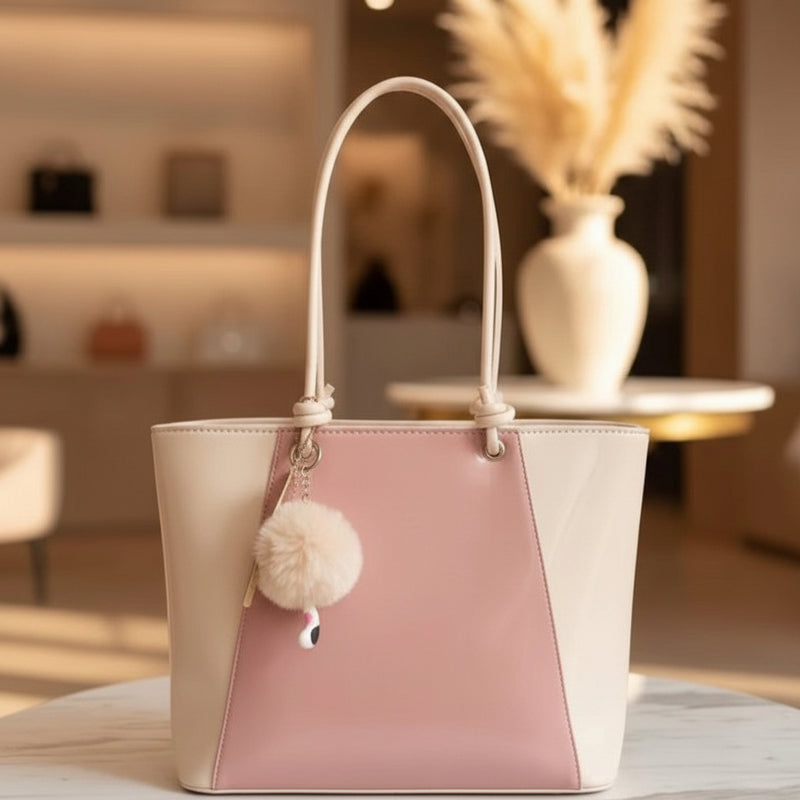 Pink and beige handbag with a pom-pom charm on a blurred indoor background At Aezoon