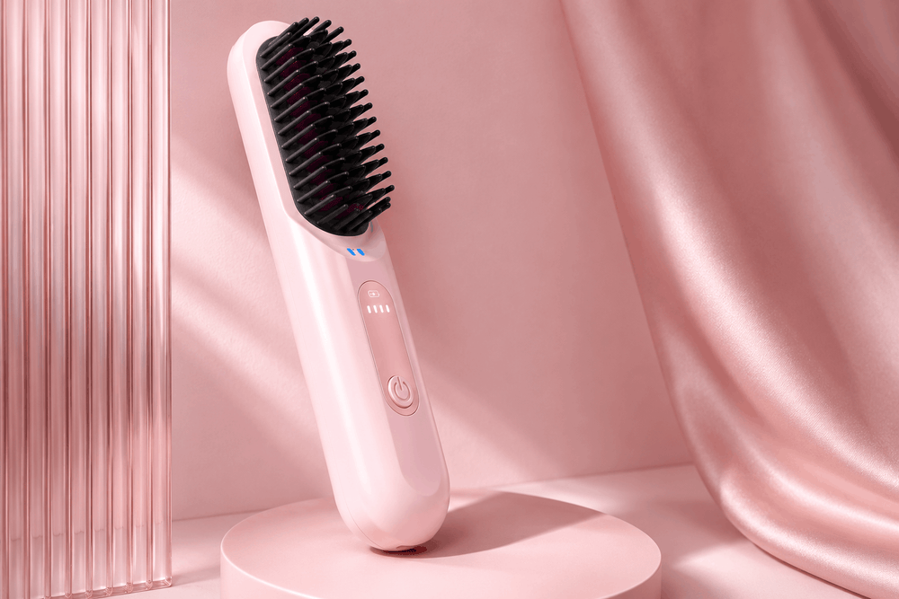 Pink hairbrush with black bristle head on a pink stand against a pink curtain background